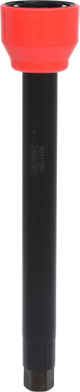 Ein roter und schwarzer Verlängerungsstab für Elektrowerkzeuge, zylindrische Form, Metallbauweise. Geeignet zur Werkzeugverlängerung.