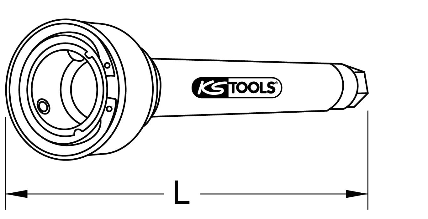 Eine Skizze eines Werkzeugs mit 'KS Tools'-Logo, zeigt eine lange zylindrische Form mit einem breiten Ende, Pfeile markieren die Länge.
