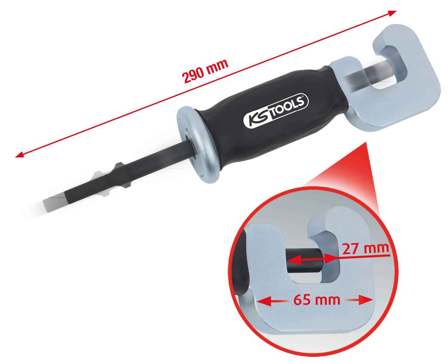 Ein Bremskolben-Rückstellwerkzeug von KS Tools mit 290 mm Länge. Detailansicht zeigt 27 mm Öffnung und 65 mm Gesamthöhe der Zange.