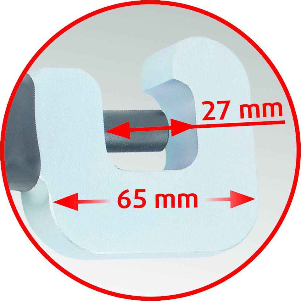 Ein U-förmiges Metallwerkzeug wird von Pfeilen und Maßangaben begleitet: Breite 65 mm, Öffnung 27 mm. Das Werkzeug scheint robust.