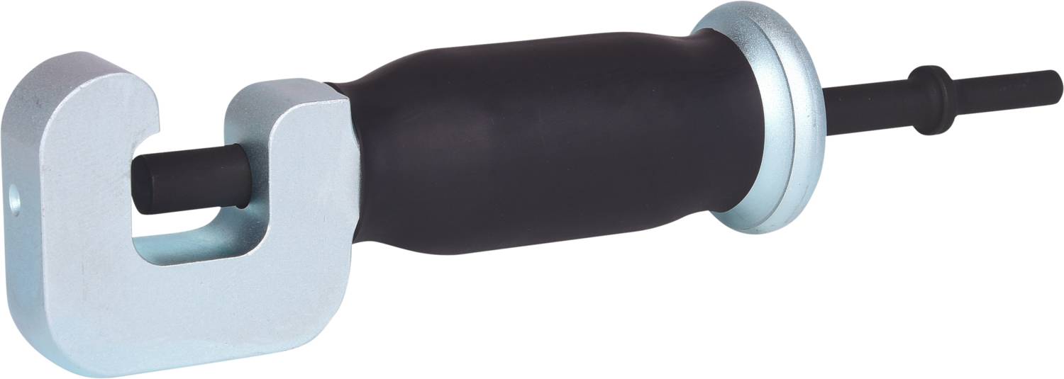 Ein schwarzer Handgriff mit einem metallischen Gewinde auf beiden Seiten, vermutlich ein spezielles Werkzeug oder Geräteteil.