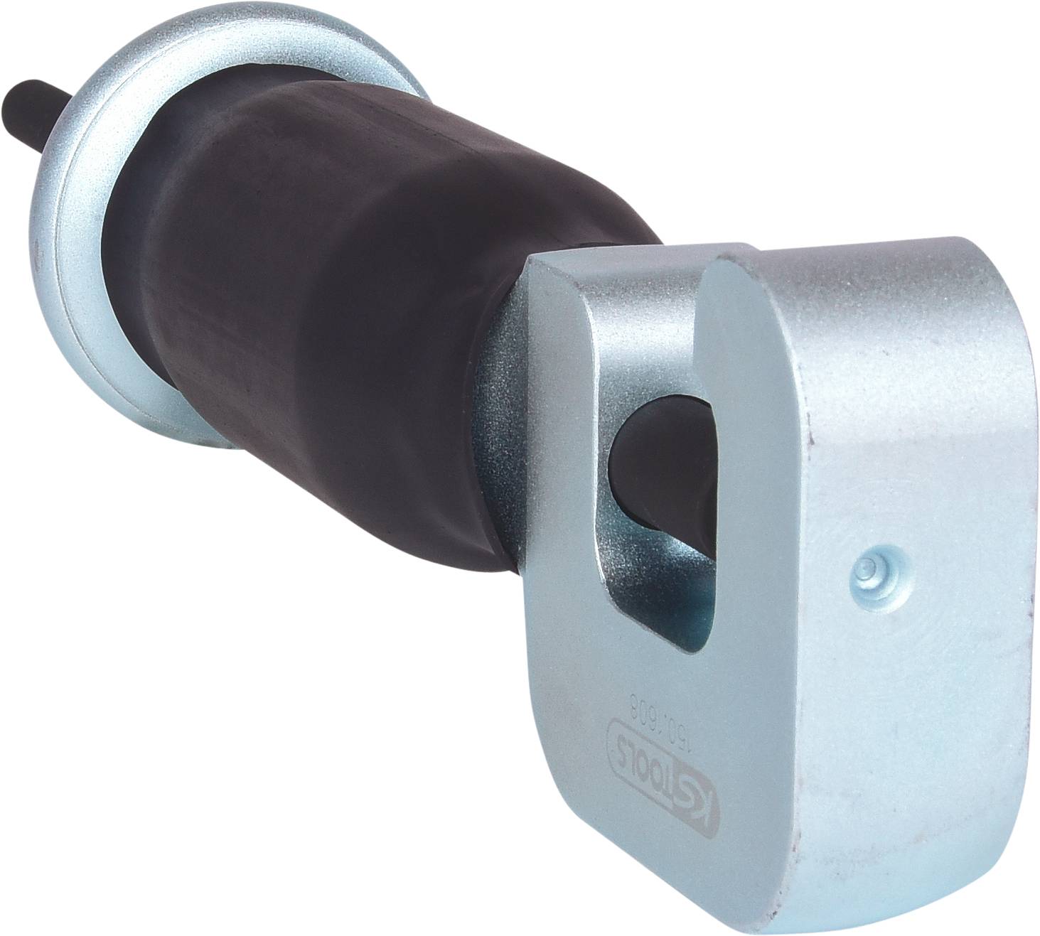 Ein stählernes Werkzeugteil mit einem Haken an einem Ende und einem gummierten Griff am anderen, vermutlich ein Verriegelungsmechanismus.