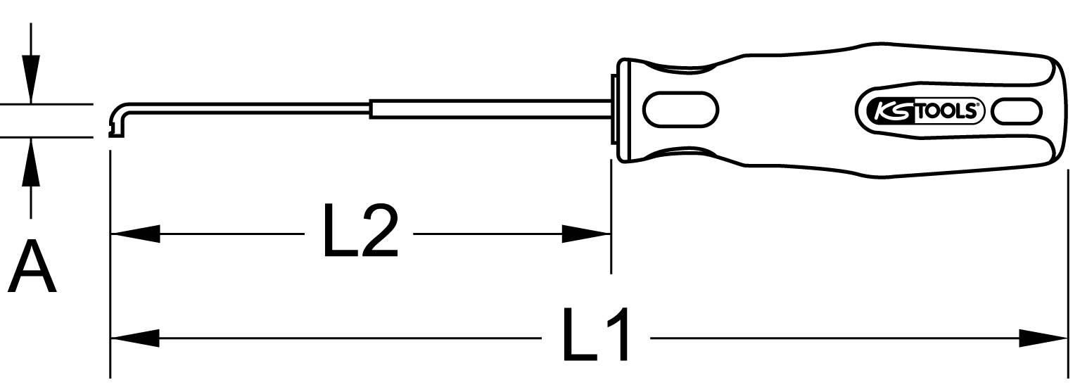Zeichnung eines Hakenschraubenziehers mit den Längen L1 und L2 sowie der Höhe A. Werkzeug von KS Tools, zeigt Maße zur Größenbestimmung.
