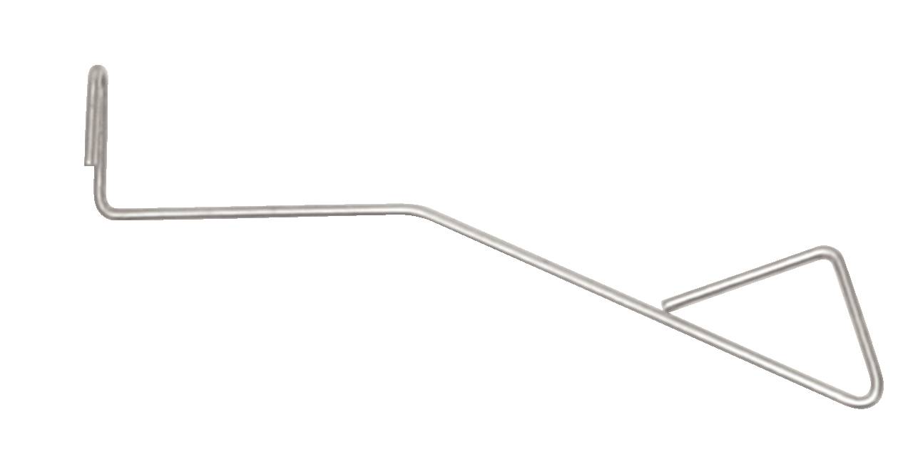 Ein gebogenes Metallwerkzeug mit einem Haken an einem Ende und einem dreieckigen Griff am anderen.