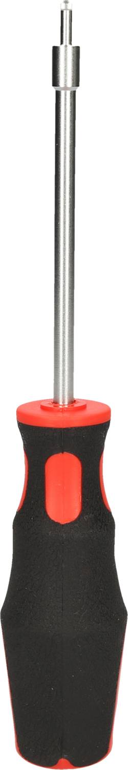 Schraubendreher mit langem metallenen Schaft und ergonomischem, rot-schwarzem Griff, geeignet für präzises Schrauben.