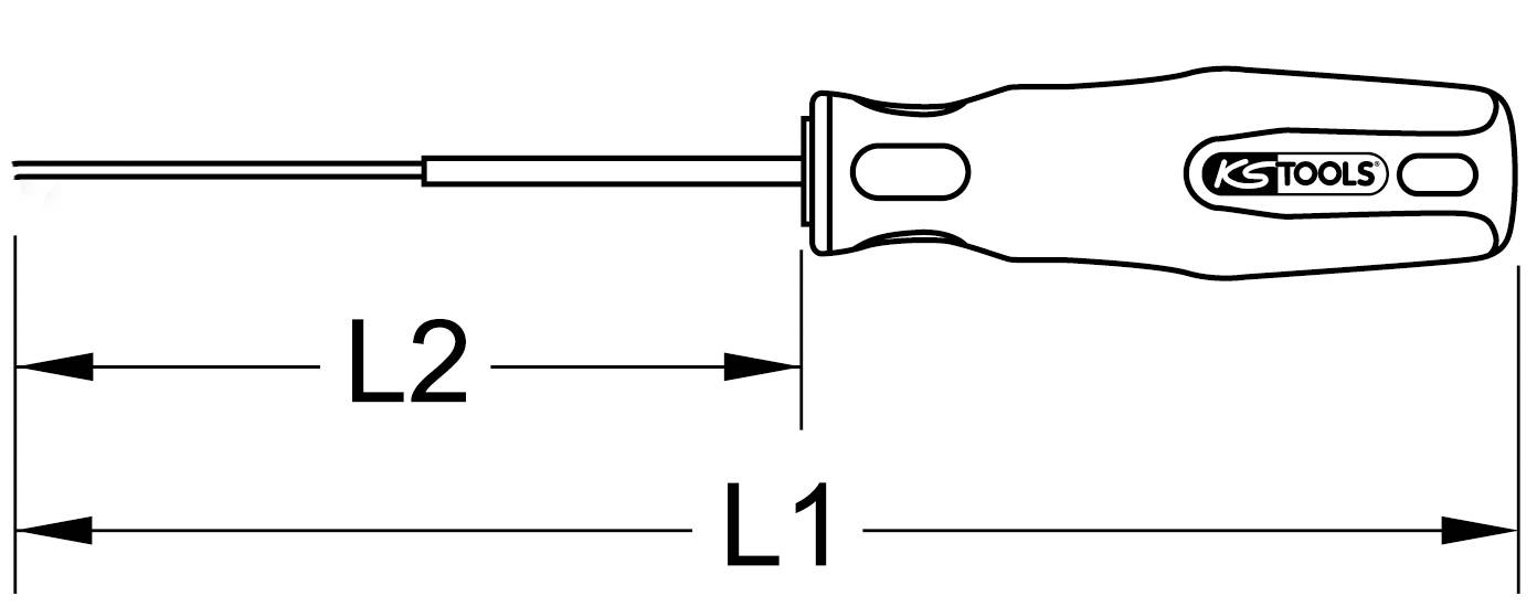 Illustration eines Schraubendrehers von KS Tools, zeigt Länge L1 und L2.