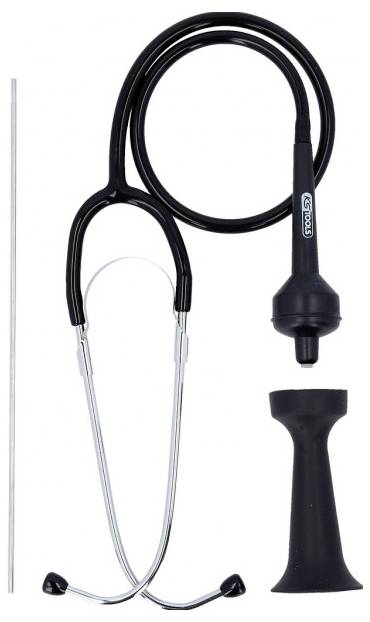 Ein Stethoskop mit schwarzem Schlauch und Metallohrhörer neben einem Metallstab und einer schwarzen Gummiaufsatz, angeordnet auf weißem Hintergrund.