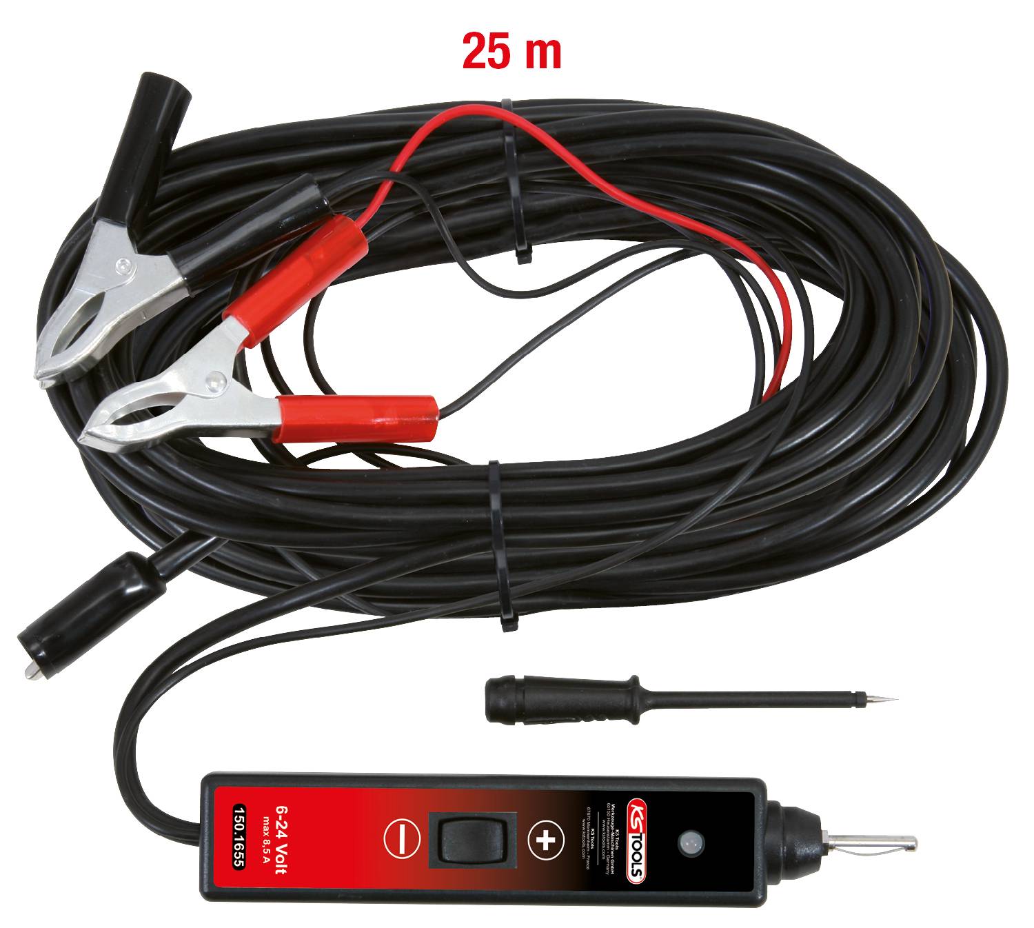 Kfz-Spannungsprüfer mit 25 m Kabel. Gerät hat Krokodilklemmen und eine Anzeige auf dem Griff.