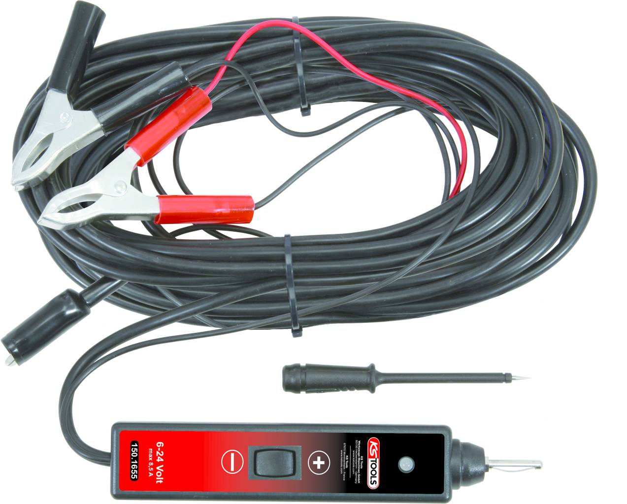 Ein Spannungsprüfer mit Kabeln und Klemmen, geeignet für 6 bis 24 Volt, Anzeige mit Plus- und Minus-Symbolen, vor weißem Hintergrund.