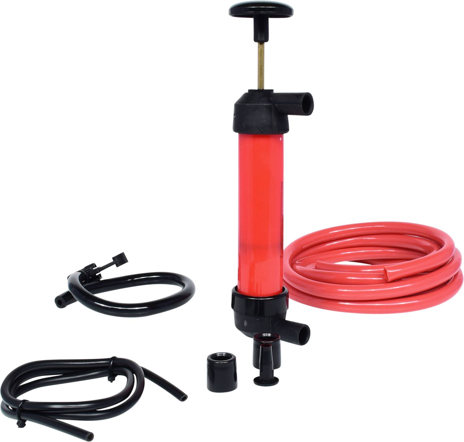 Manuelle Handpumpe in Rot mit mehreren Schläuchen und Anschlüssen zur Verwendung für verschiedene Flüssigkeiten.
