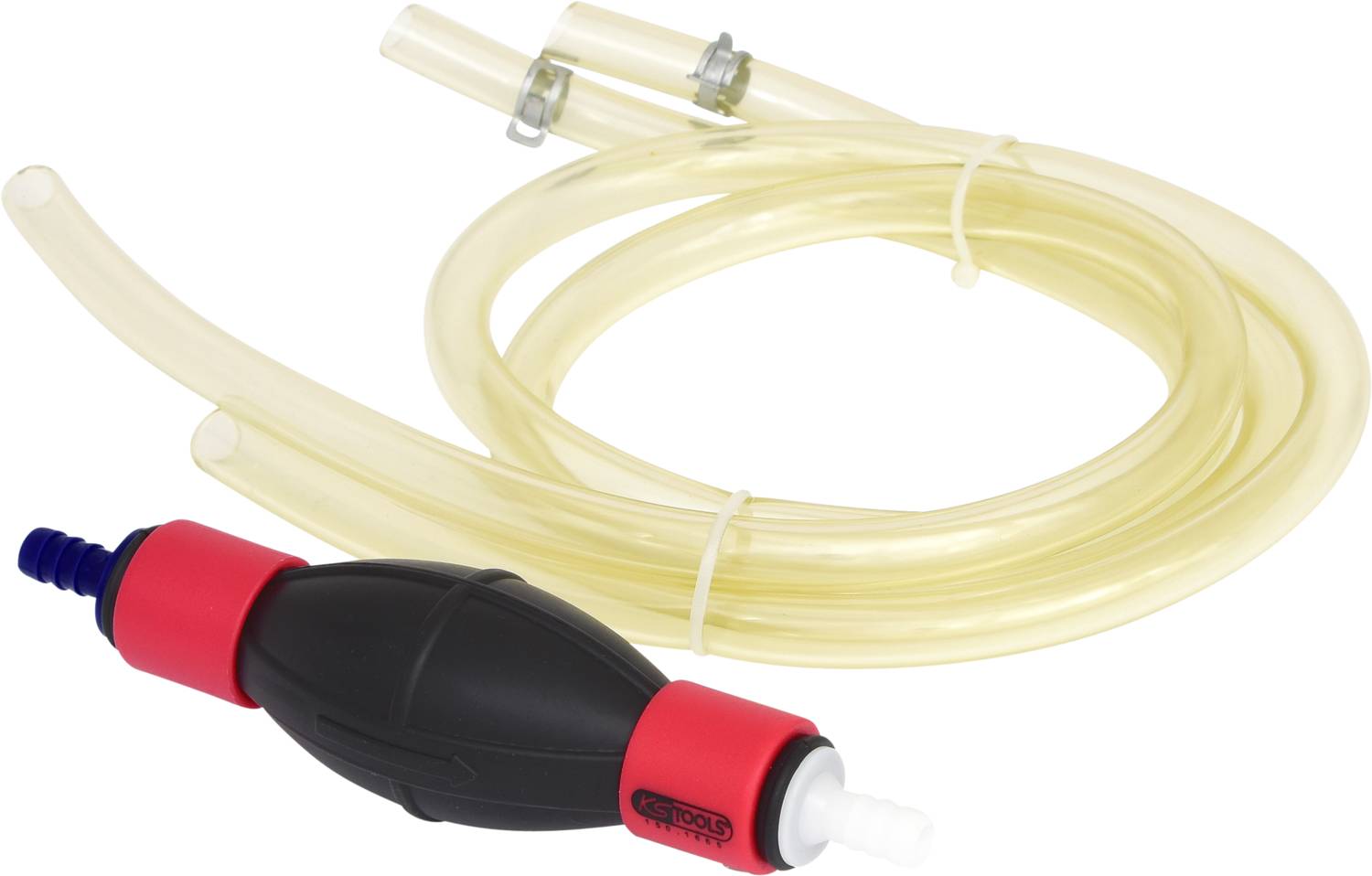 Ein transparenter Schlauch mit schwarzer und roter Handpumpe, geeignet zum Ab- oder Umfüllen von Flüssigkeiten.