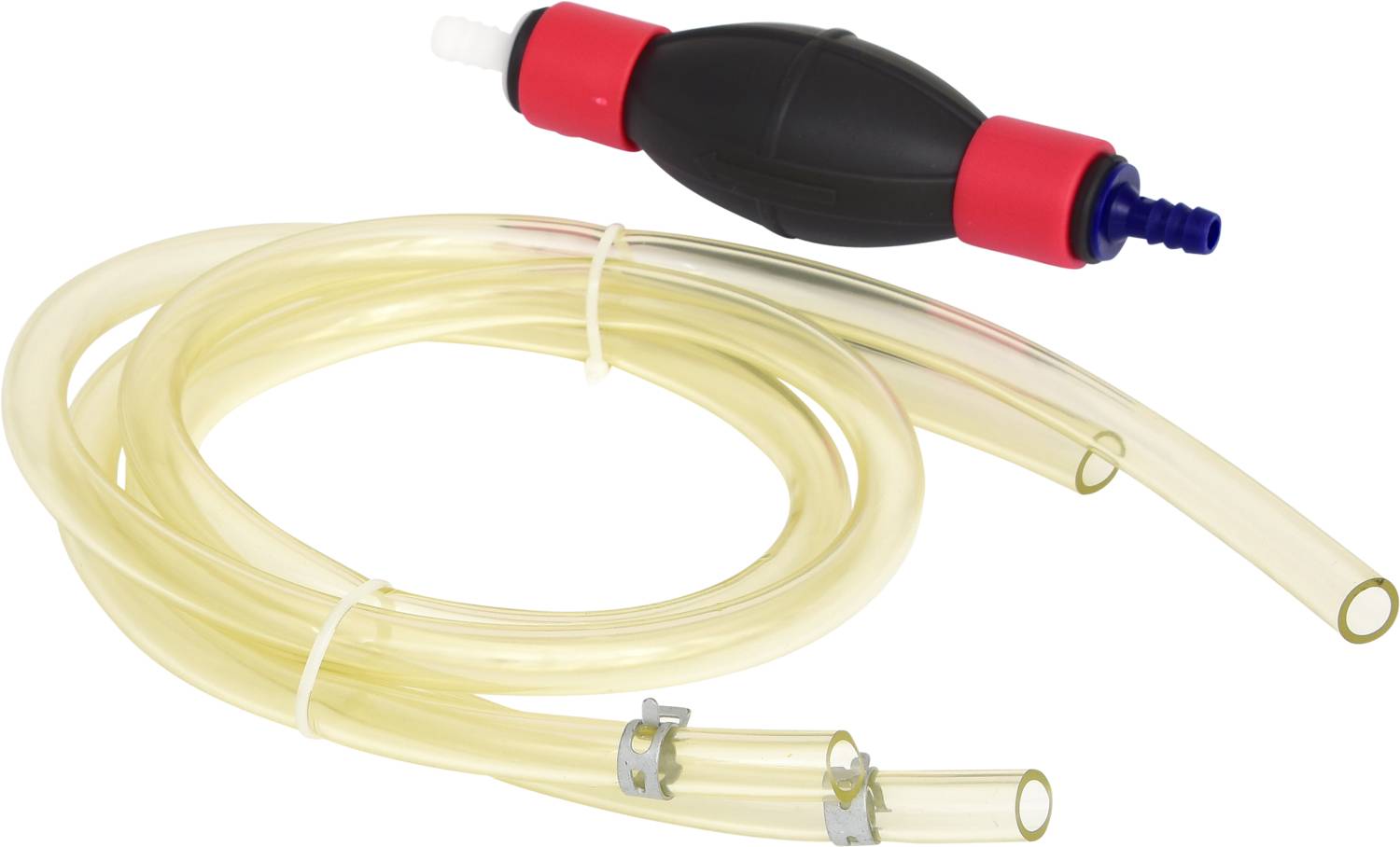 Ein manueller Siphon mit einem schwarzen Pumpball und zwei transparenten Schläuchen.
