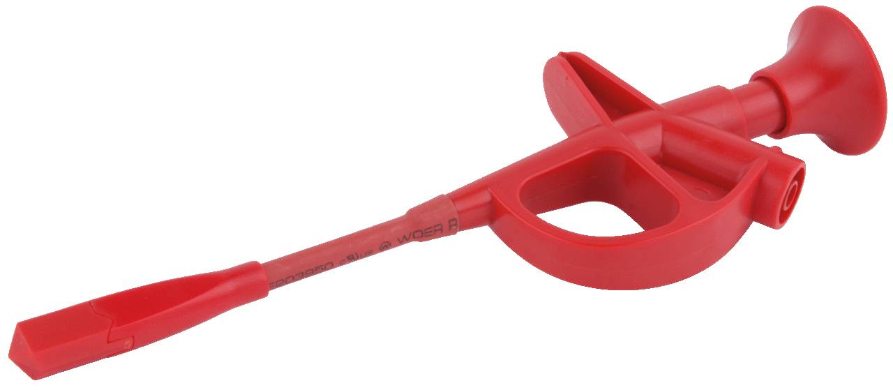 Rotes medizinisches Gerät mit Griff und schmalem Ende, möglicherweise ein Werkzeug zur Knochendurchdringung oder zur Medikamentenabgabe.