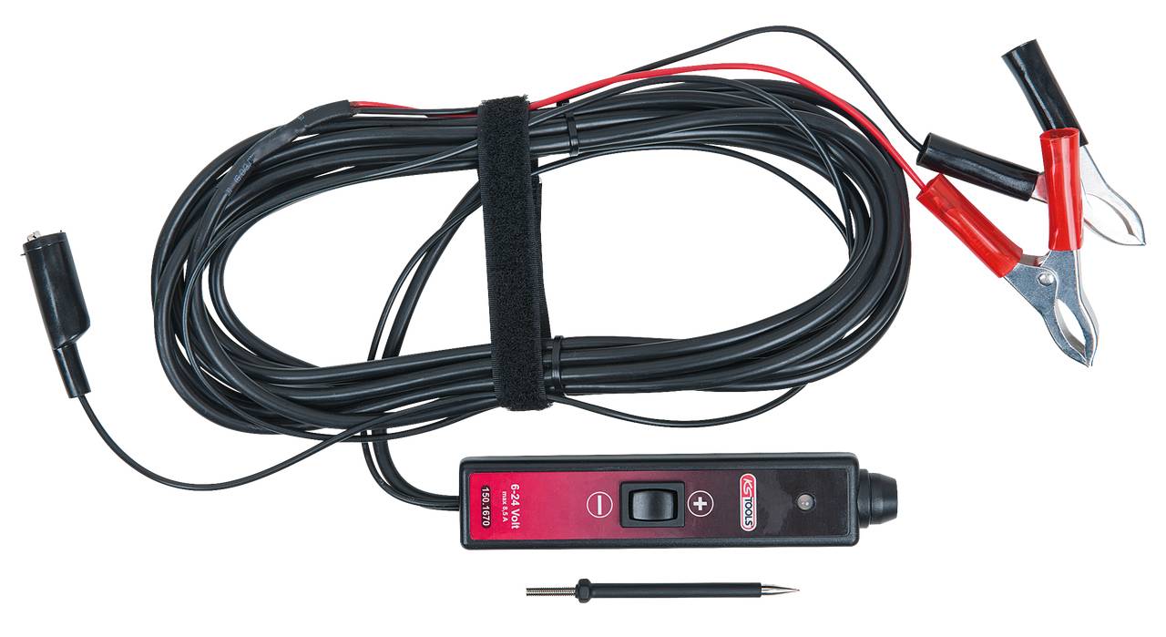 Kabel-Set mit Prüfgerät, zwei Krokodilklemmen in Rot und Schwarz, isoliertem Prüfspieß und Sicherungshalter für elektrische Tests.