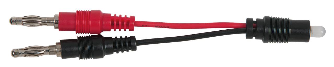 Ein Paar Audio-Bananenstecker, rot und schwarz, verbunden mit einem weißen, runden Kunststoffelement am Ende der Kabel.