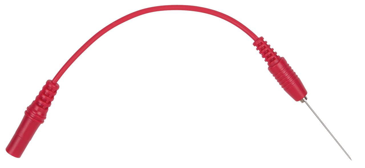 Ein rotes Prüfgerätkabel mit einem isolierten Kabel, einer Buchse auf der einen Seite und einer dünnen Metallspitze auf der anderen Seite.