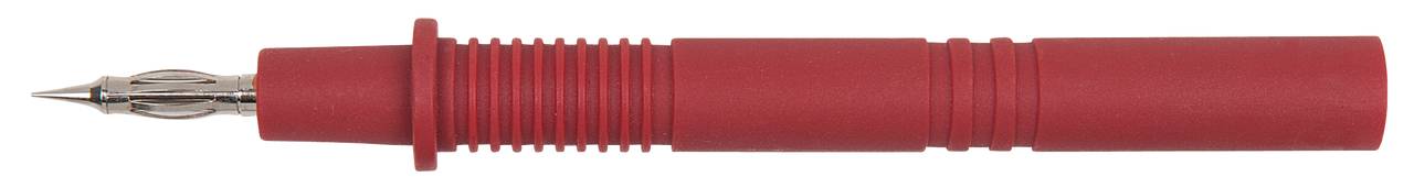 Ein roter Füllhalter ohne Kappe, liegend. Sichtbar ist die Spitze und der Griffbereich mit einer geriffelten Textur.