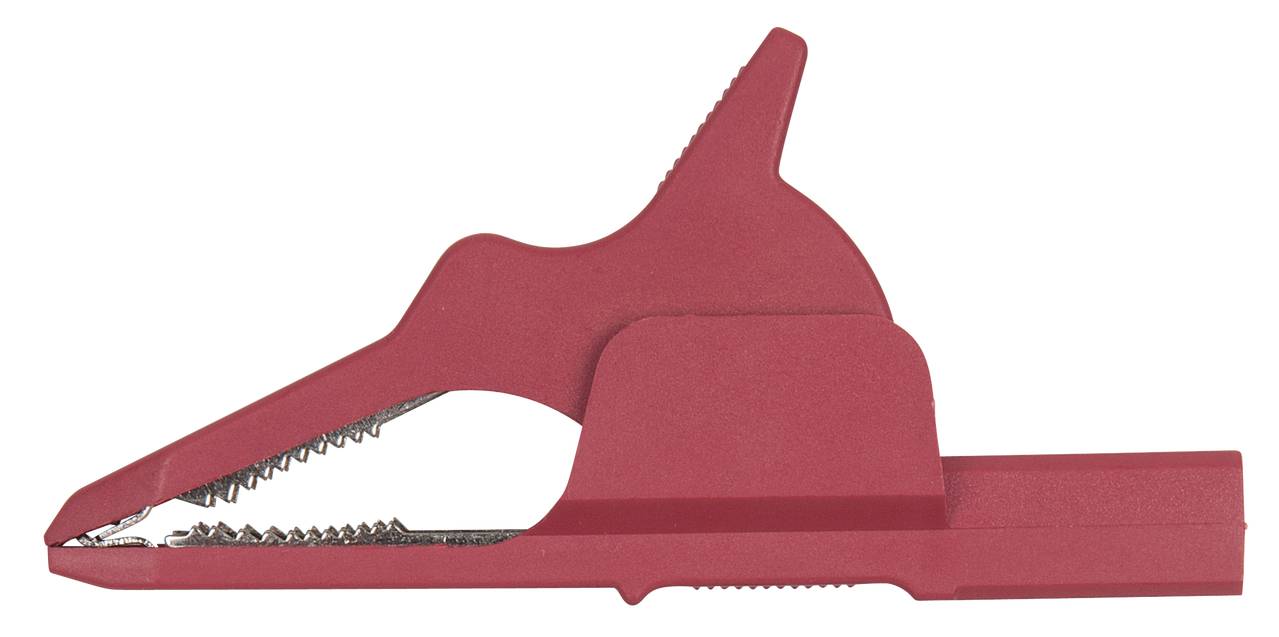 Rote Krokodilklemme mit gezacktem Metallgriff. Sie wird oft zum Verbinden von Kabeln in elektrischen Schaltungen verwendet.