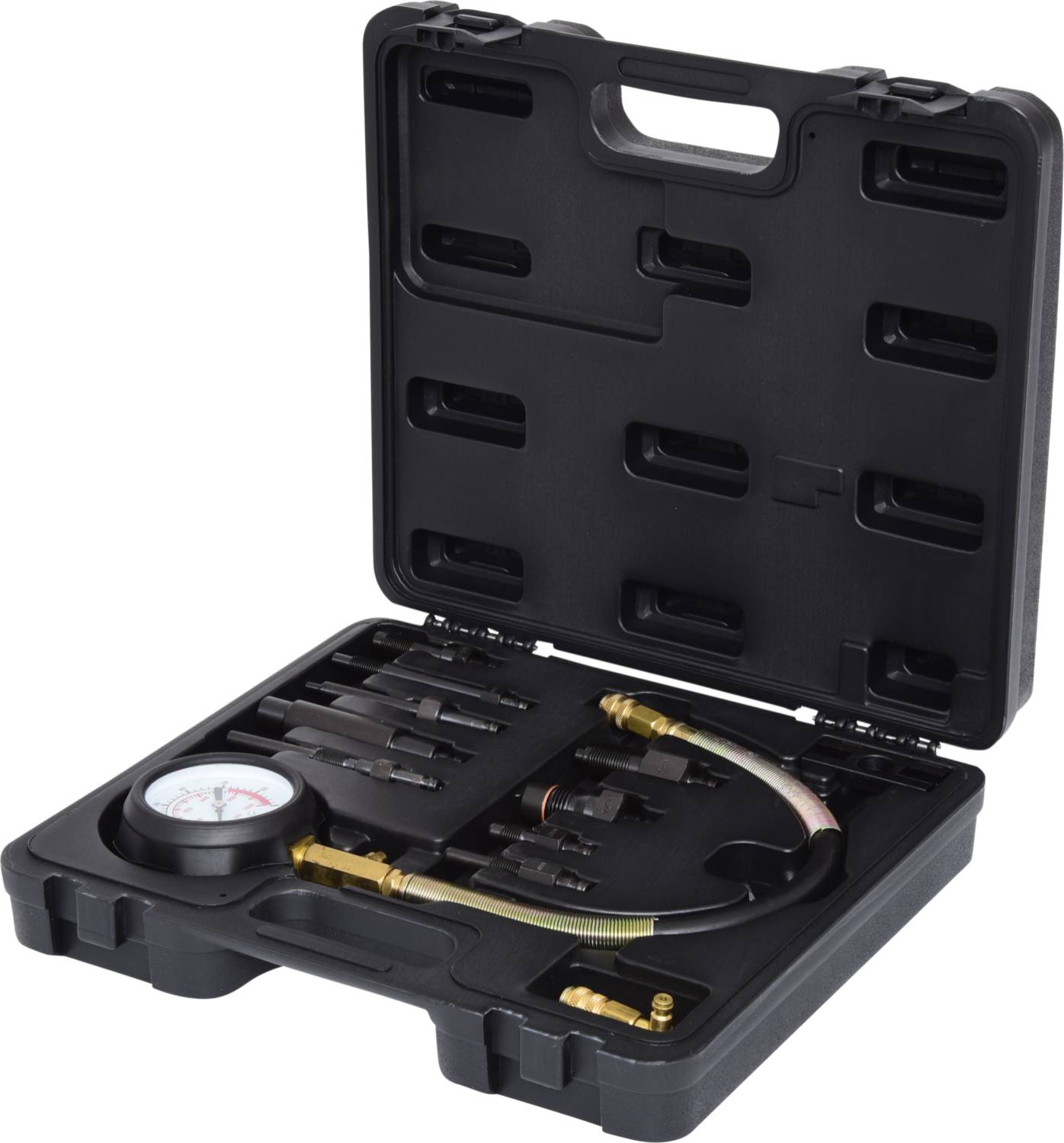 Ein offener schwarzer Werkzeugkoffer mit Manometer, Schläuchen und verschiedenen Adaptern, geeignet für Druckmessungen.
