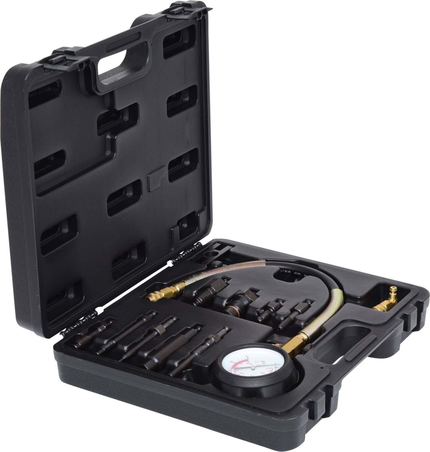Ein offener schwarzer Werkzeugkoffer mit Manometer und verschiedenen Adaptern zur Druckmessung, geeignet für mechanische Arbeiten.