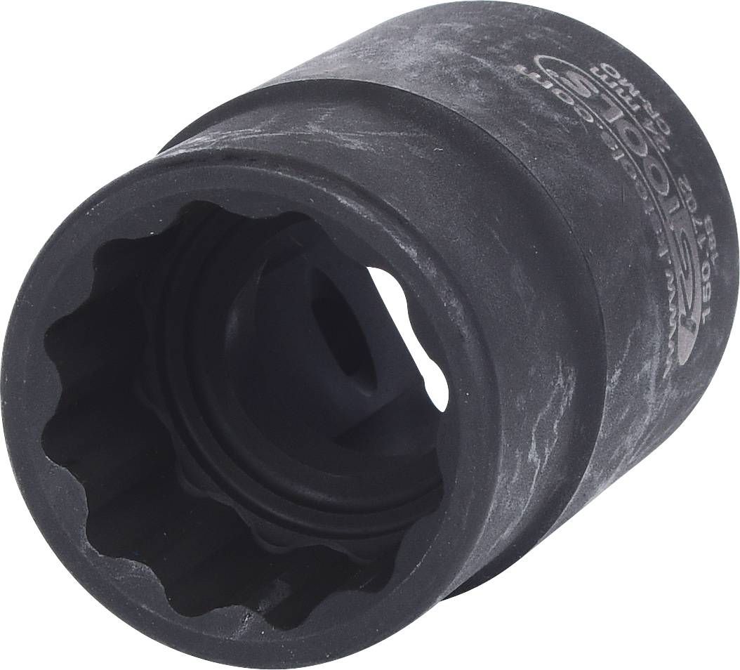 Eine schwarze Stecknuss aus Metall mit geriffelter Innenseite, typischerweise zur Montage oder Demontage von Muttern oder Schrauben.