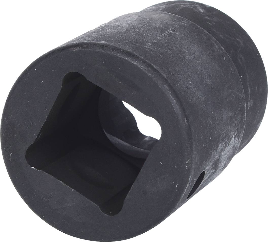 Schwarze Stecknuss mit quadratischem Innenprofil, aus robustem Material, geeignet für Kraftaufnahmen in mechanischen Anwendungen.