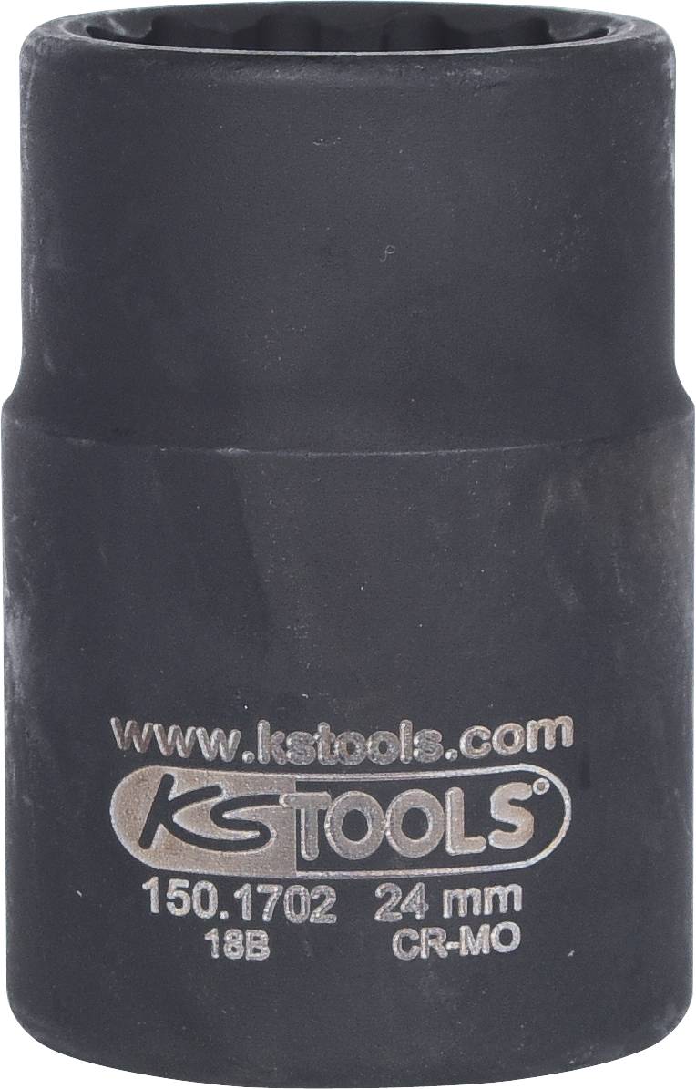 Schwarze Stecknuss mit der Aufschrift 'www.kstools.com KS TOOLS 150.1702 24 mm CR-MO 18B', für mechanische Arbeiten geeignet.
