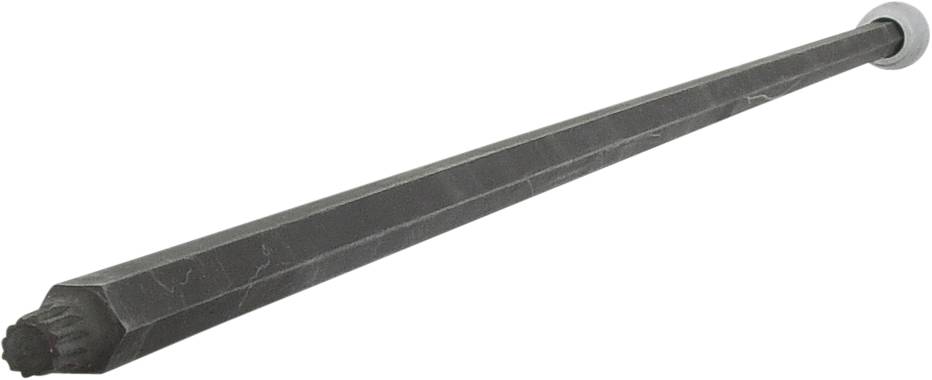 Eine lange, graue, sechseckige Metallstange mit einem geriffelten Ende und einer hellen Kappe am anderen Ende.