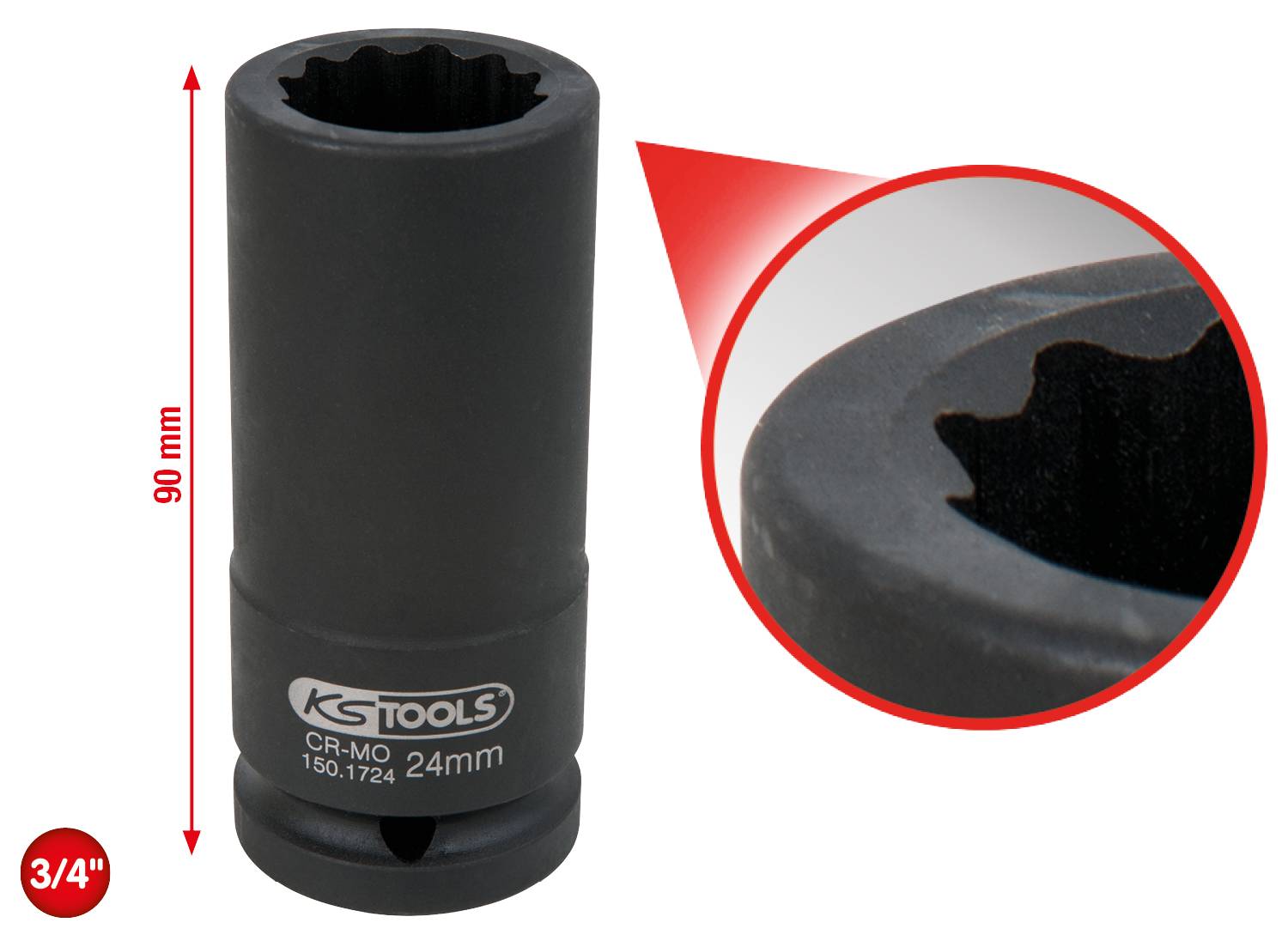 Nuss 24 mm von KS Tools, 90 mm Höhe. Zoom auf die geränderte Kante zur besseren Griffigkeit. Roter Pfeil zeigt Detailansicht.