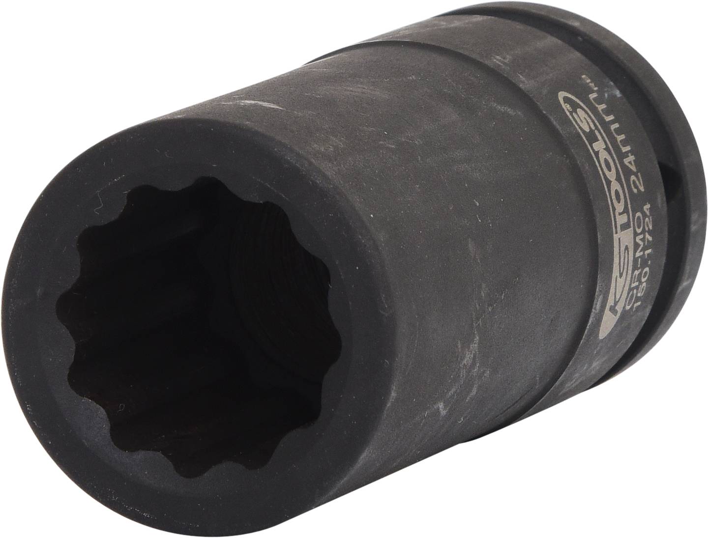 Eine schwarze, sechskantige Steckschlüssel-Nuss mit der Größe '24 mm' wird gezeigt. Sie dient zur Befestigung oder zum Lösen von Muttern.