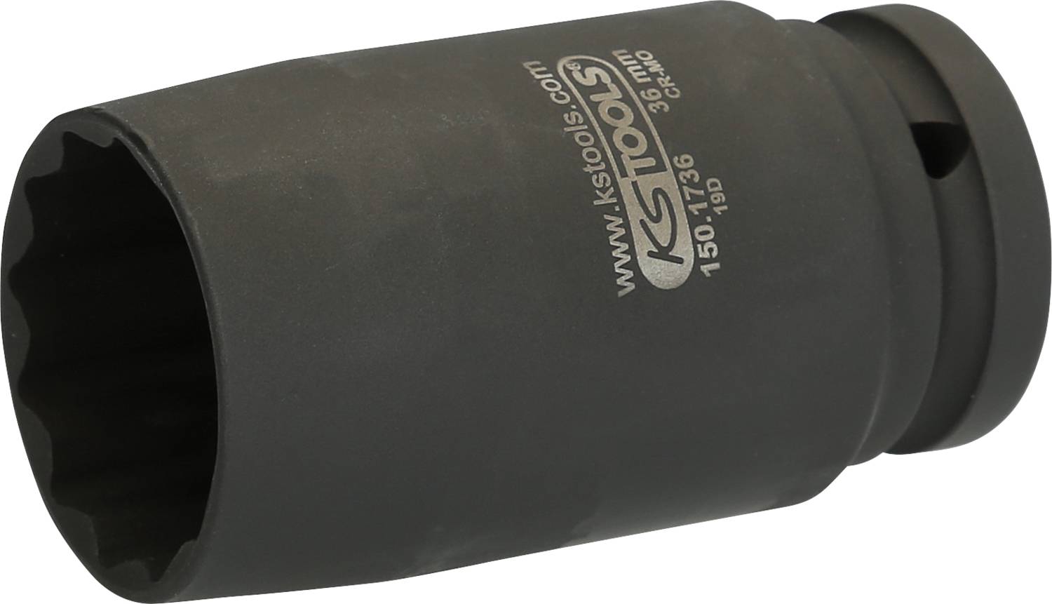 Eine schwarze 36 mm Sechskant-Stecknuss von KS Tools, Modellnummer 150.1736, liegt horizontal. Sie ist robust und für schwere Arbeiten ausgelegt.