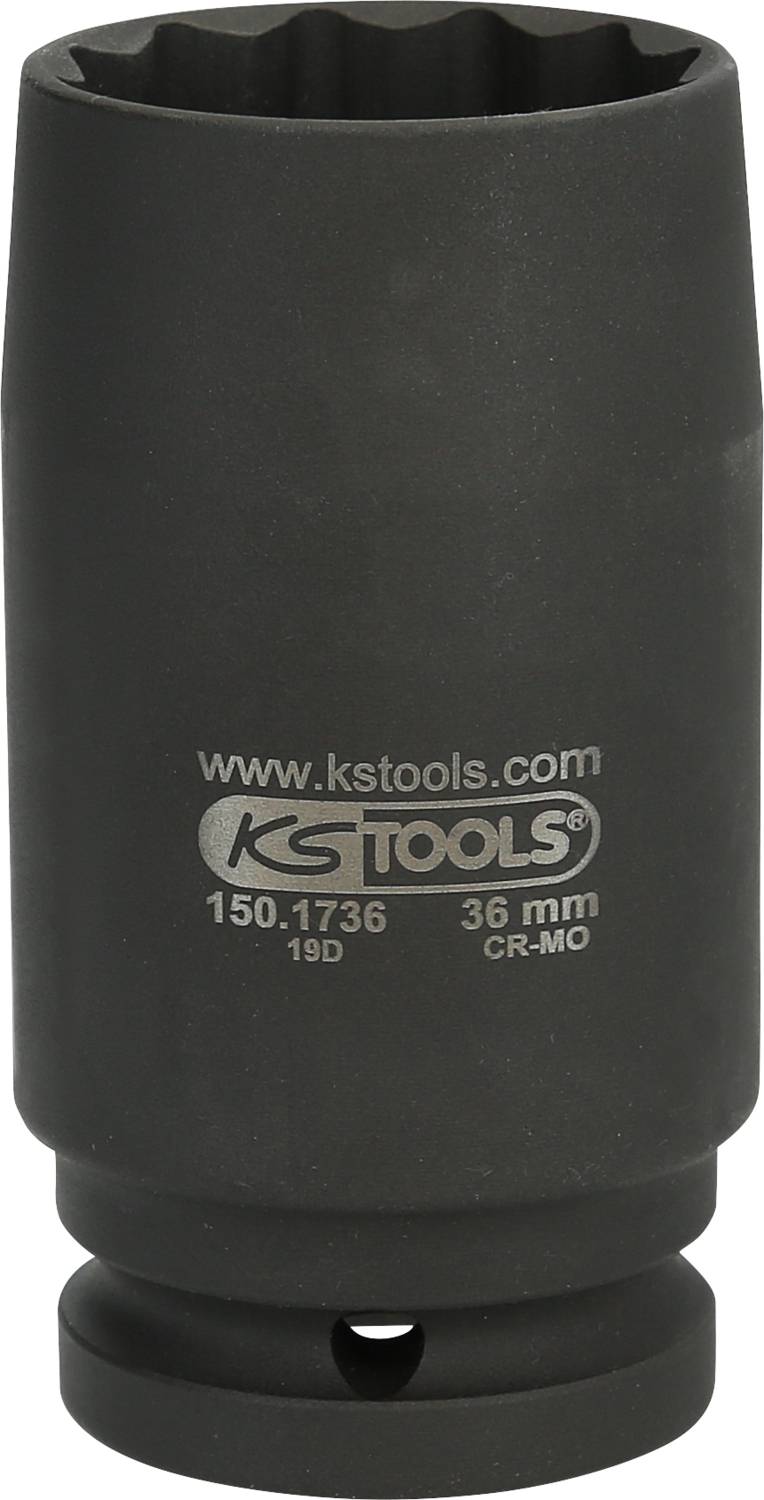 Abgebildet ist eine schwarze Vielzahn-Stecknuss von KS TOOLS mit Aufschrift 'www.kstools.com', Größe 36 mm, CR-MO-Material.