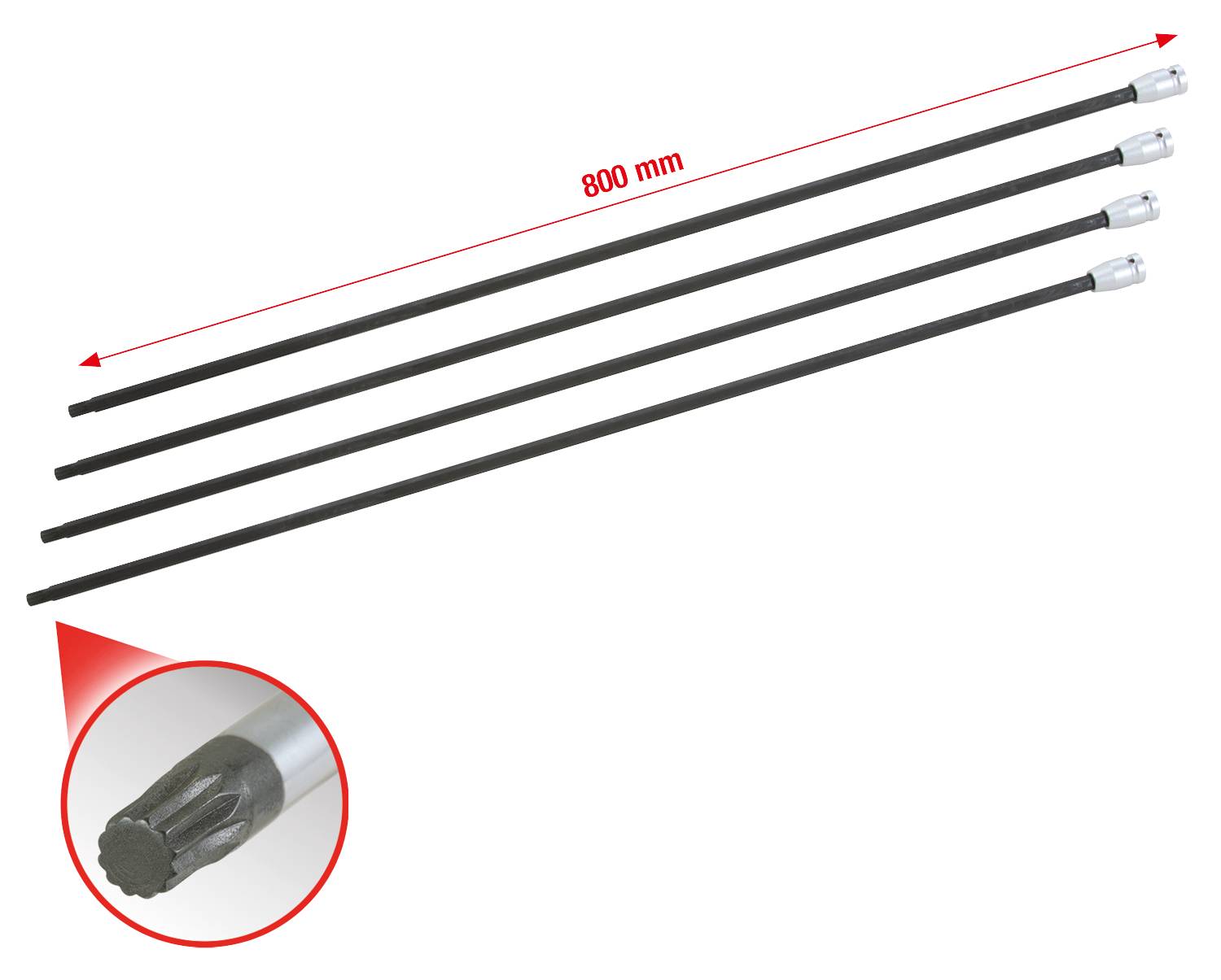 Vier schwarze Stäbe mit einer Länge von 800 mm, metallischer Kopf in Nahaufnahme gezeigt, um Details der Beschaffenheit zu zeigen.