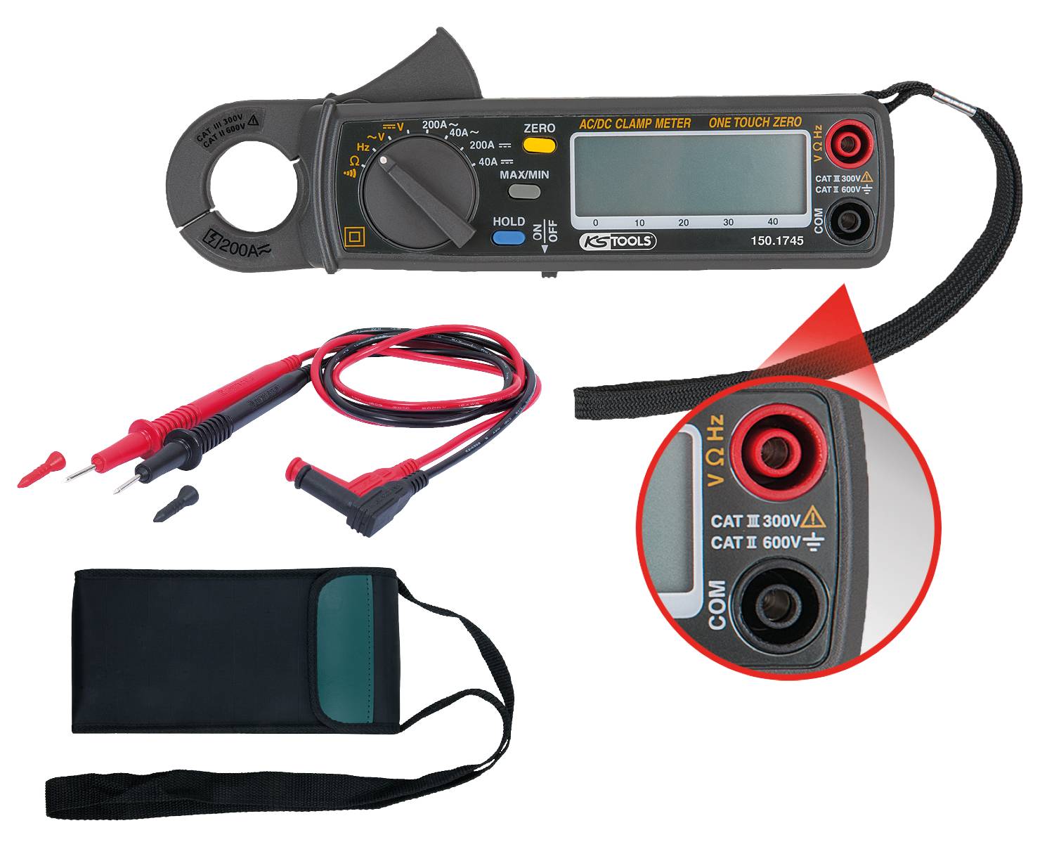 Digitaler AC/DC Stromzangen-Multimeter mit Kabeln und Tasche, geeignet für Messungen bis 600V, CAT III 300V, CAT II 600V.
