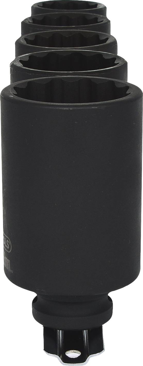 Ein Satz schwarzer Steckschlüssel, aufgereiht in abnehmender Größe, die von vorne bis hinten gestapelt sind.