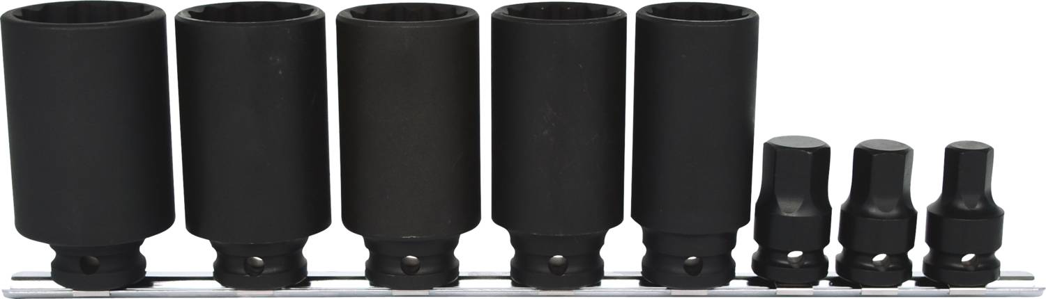 Satz von sieben schwarzen Nüssen unterschiedlicher Größe auf einer Halterung, zum Arbeiten mit Schrauben.