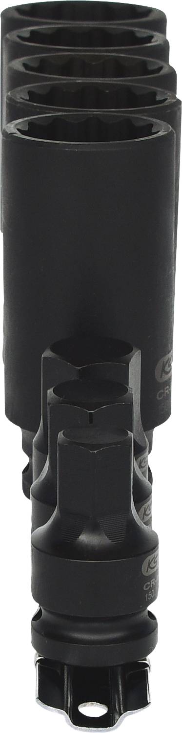 Eine Reihe von sieben schwarzen Steckschlüsselaufsätzen, die in absteigender Größe von vorne nach hinten angeordnet sind.