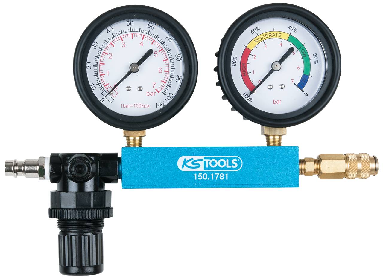 Zwei Manometer zeigen Druck in bar und psi an, montiert auf einem blauen Rohr mit 'KS TOOLS' Logo.