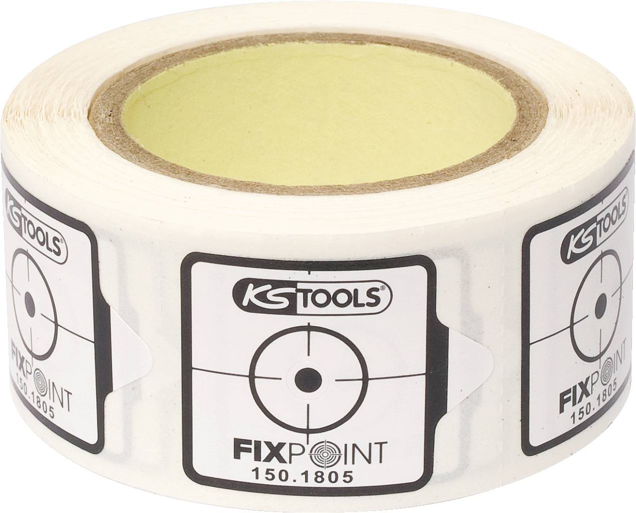 Eine Rolle mit runden Aufklebern von KS Tools, mit der Aufschrift 'FIXPOINT' und einer Zielscheibengrafik in der Mitte.