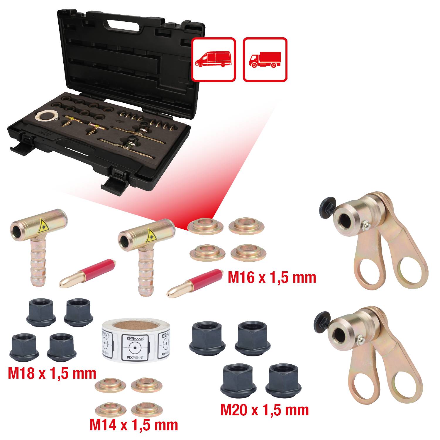 Ein Werkzeugsatz in einem offenen Koffer mit verschiedenen Metallteilen, Schraubanschlüssen und Dichtungen, geeignet für Transportfahrzeuge.