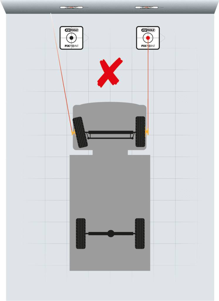 Auto aus der Vogelperspektive mit roten Linien von den Rückspiegeln wegführend und einem roten Kreuz dazwischen, zeigt falschen Abstand.