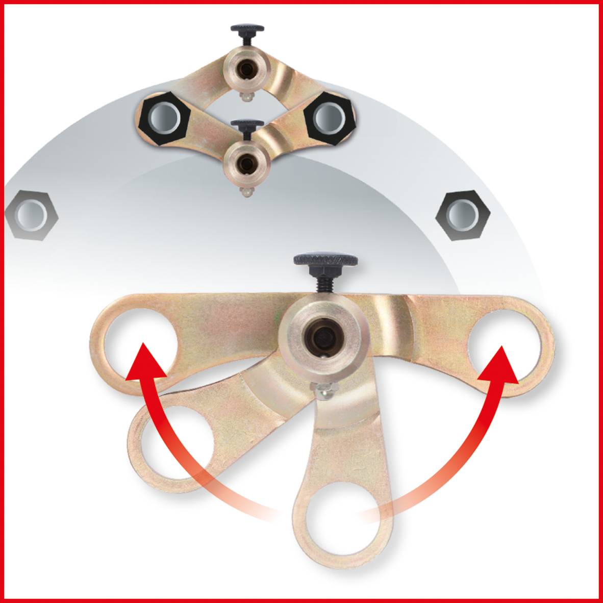 Werkzeug zur Befestigung: Metallhalter mit drei Löchern und Schraubeneinsätzen, roter Rand, zwei rote Pfeile zeigen auf die Löcher.
