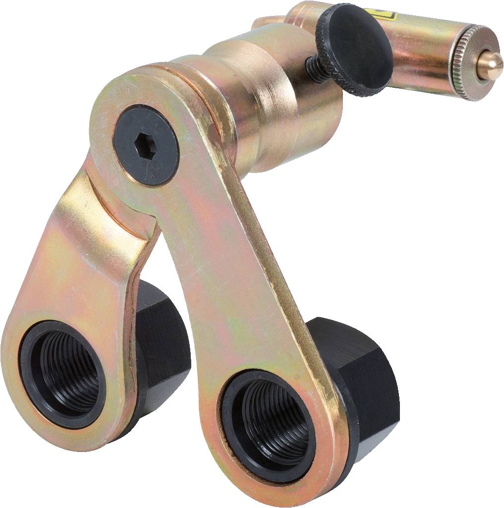 Ein Metallgreifer mit zwei klauenförmigen Armen und Schraubverschluss, vermutlich Teil eines mechanischen Werkzeugs oder Geräts.