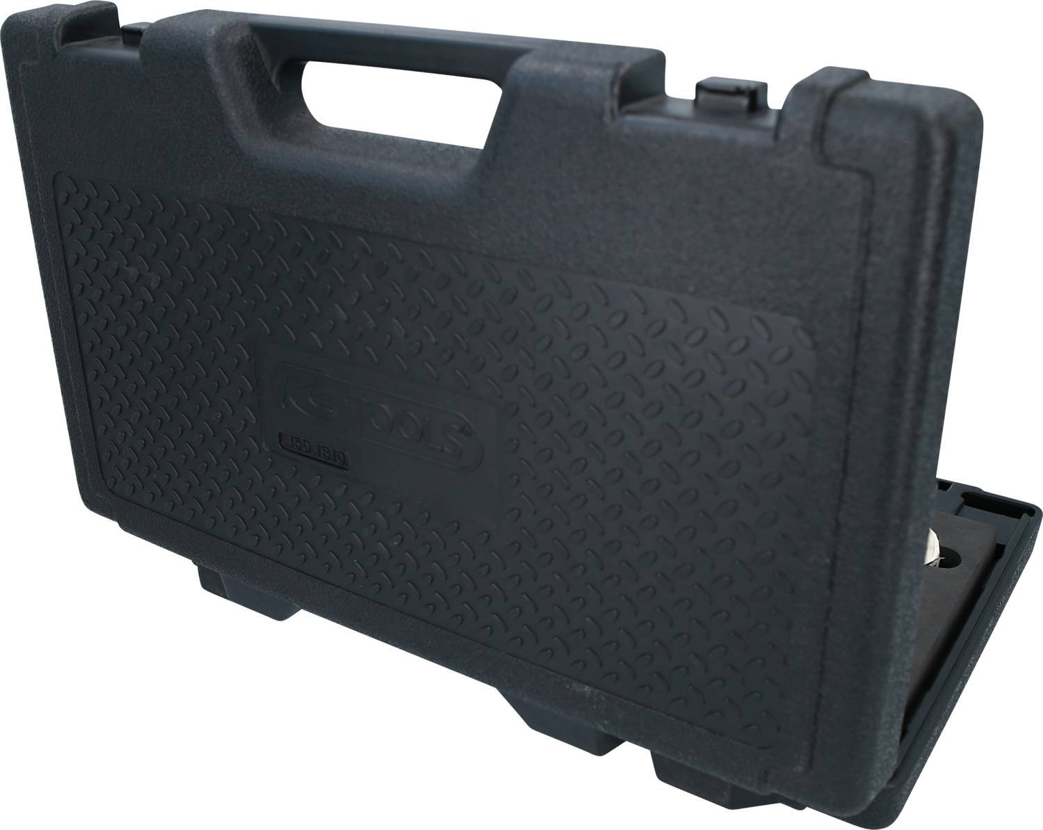 Ein schwarzer Kunststoffkoffer mit Griff, leicht geöffnet. Der Koffer scheint für Werkzeuge oder Ausrüstung gedacht zu sein.