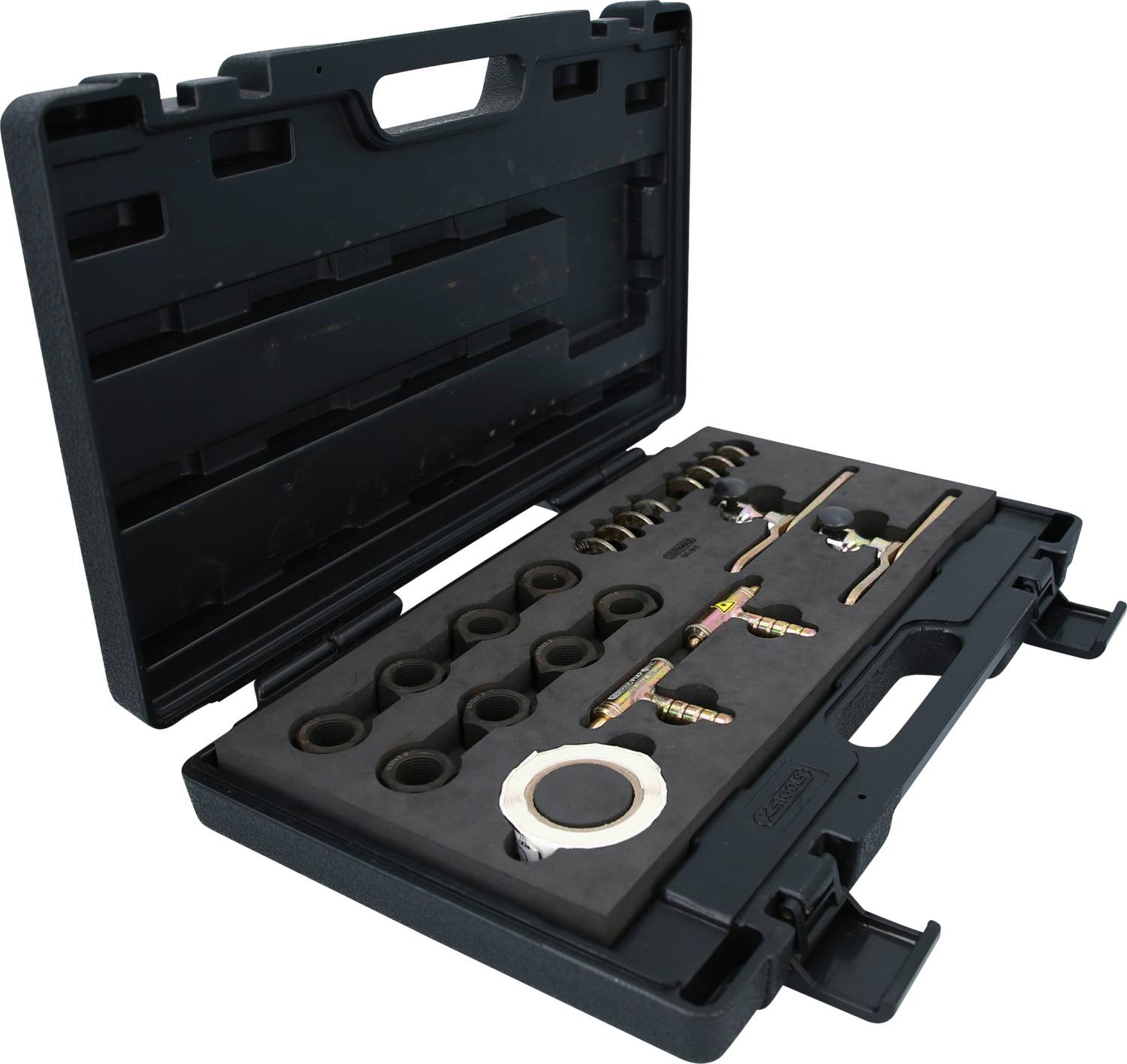 Geöffneter Werkzeugkoffer mit verschiedenen Steckschlüsseln und Zubehörteilen. Hauptsächlich für mechanische Arbeiten geeignet.