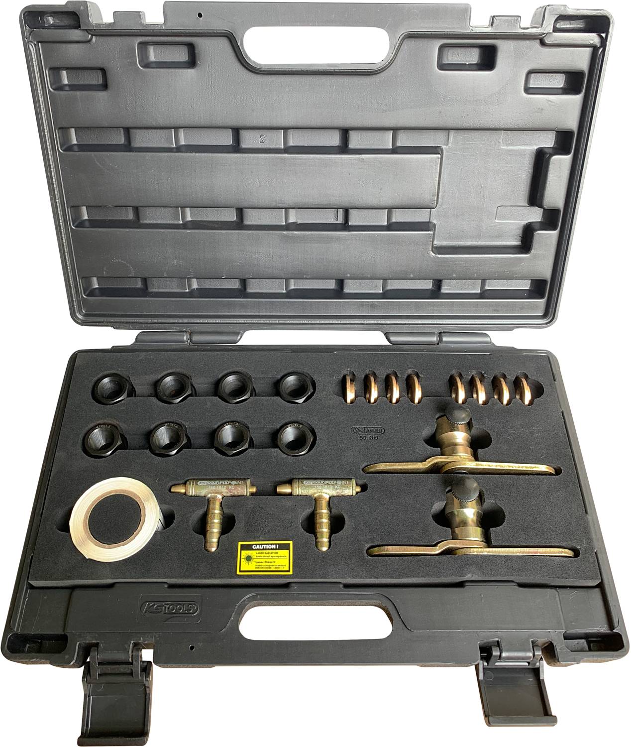 Werkzeugkoffer mit Schmiernippeln, Anschlüssen und Dichtring in geformtem Einsatz für strukturierte Organisation und Transport.