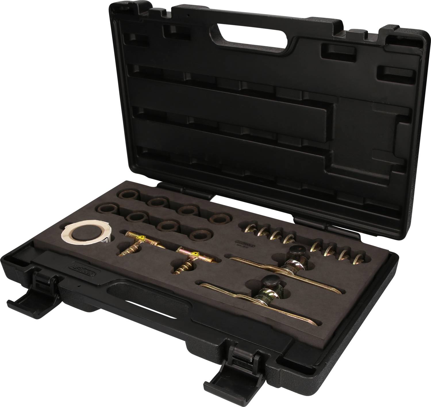 Geöffneter schwarzer Kunststoffkoffer mit verschiedenen Befestigungselementen und Werkzeugen, ordentlich in Schaumeinlage eingelegt.