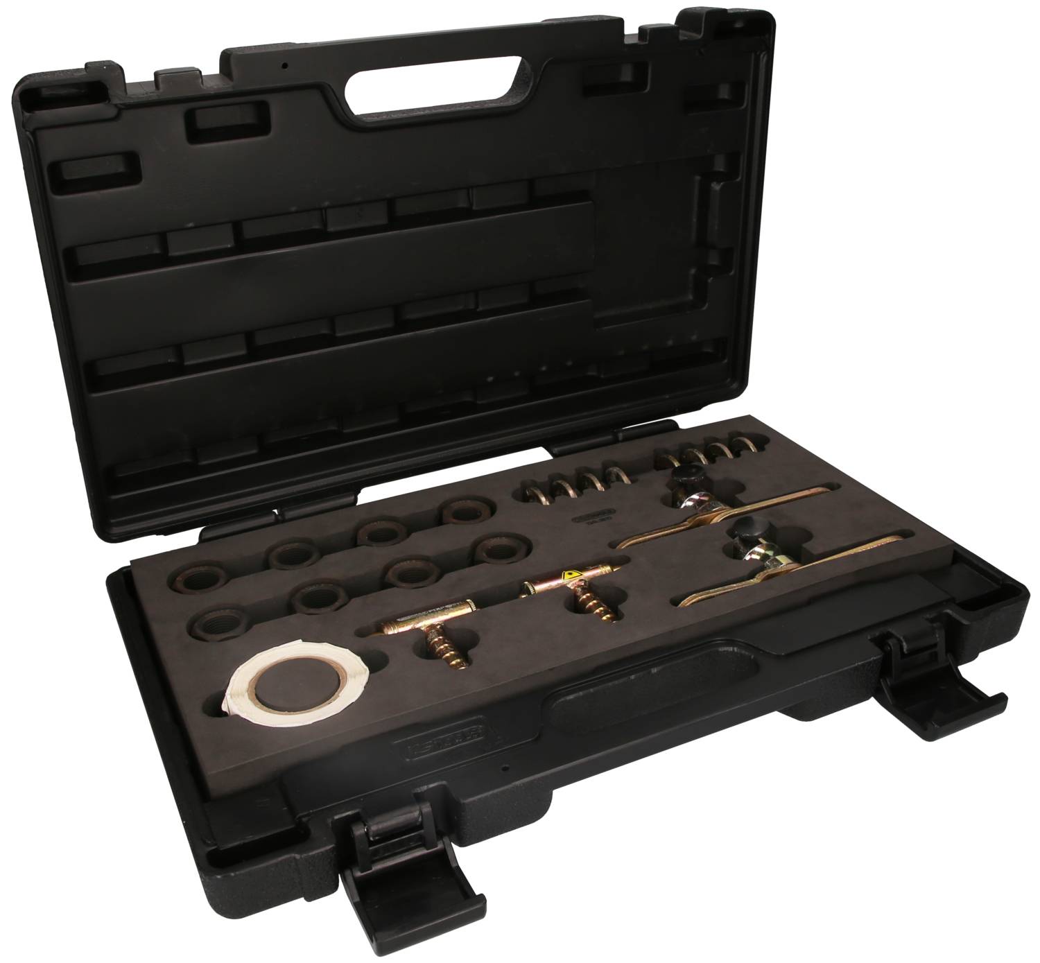Ein offener schwarzer Werkzeugkoffer mit verschiedenen Klempnerwerkzeugen, Ventilen und Dichtungsringen, ordentlich angeordnet.