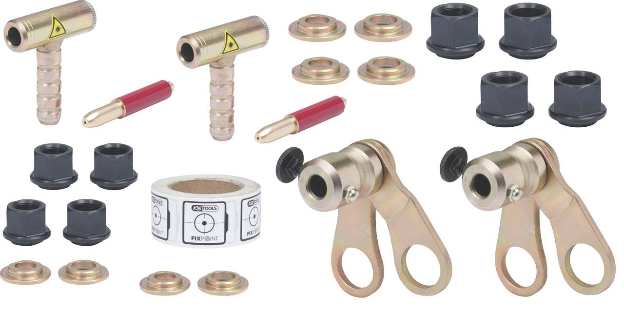 Ein Set von Autoteilen, darunter zwei Ablassventile, sechs Schraubkappen, Anschlussstücke, Dichtungen und ein Kleberollen.