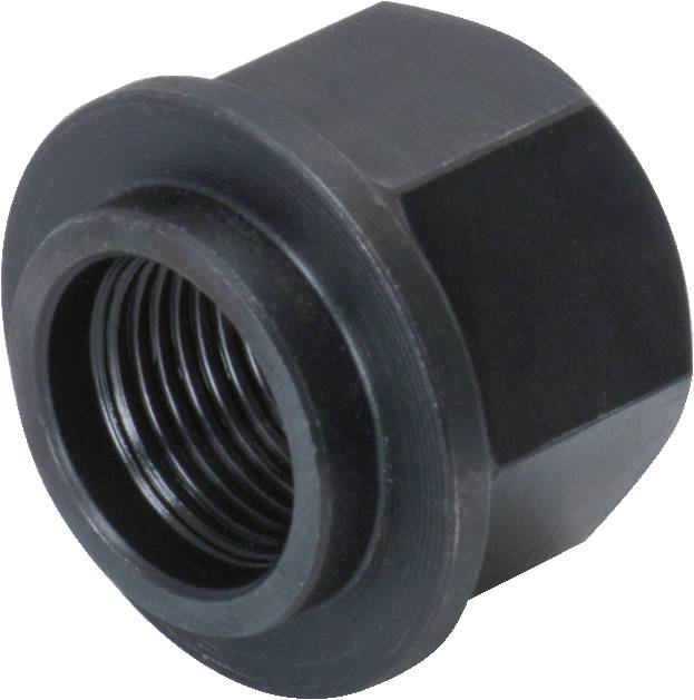 Schwarze Sechskantmutter aus Metall mit offenem, gewindeförmigem Ende.